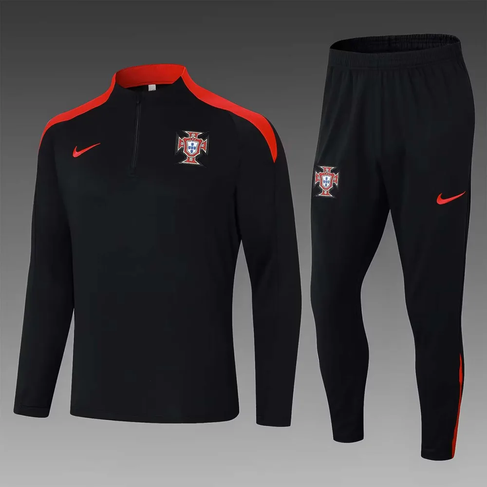 2024 Portugal Halb-Reißverschluss Trainingsanzug Schwarz Fußballtrikot Set — main view
