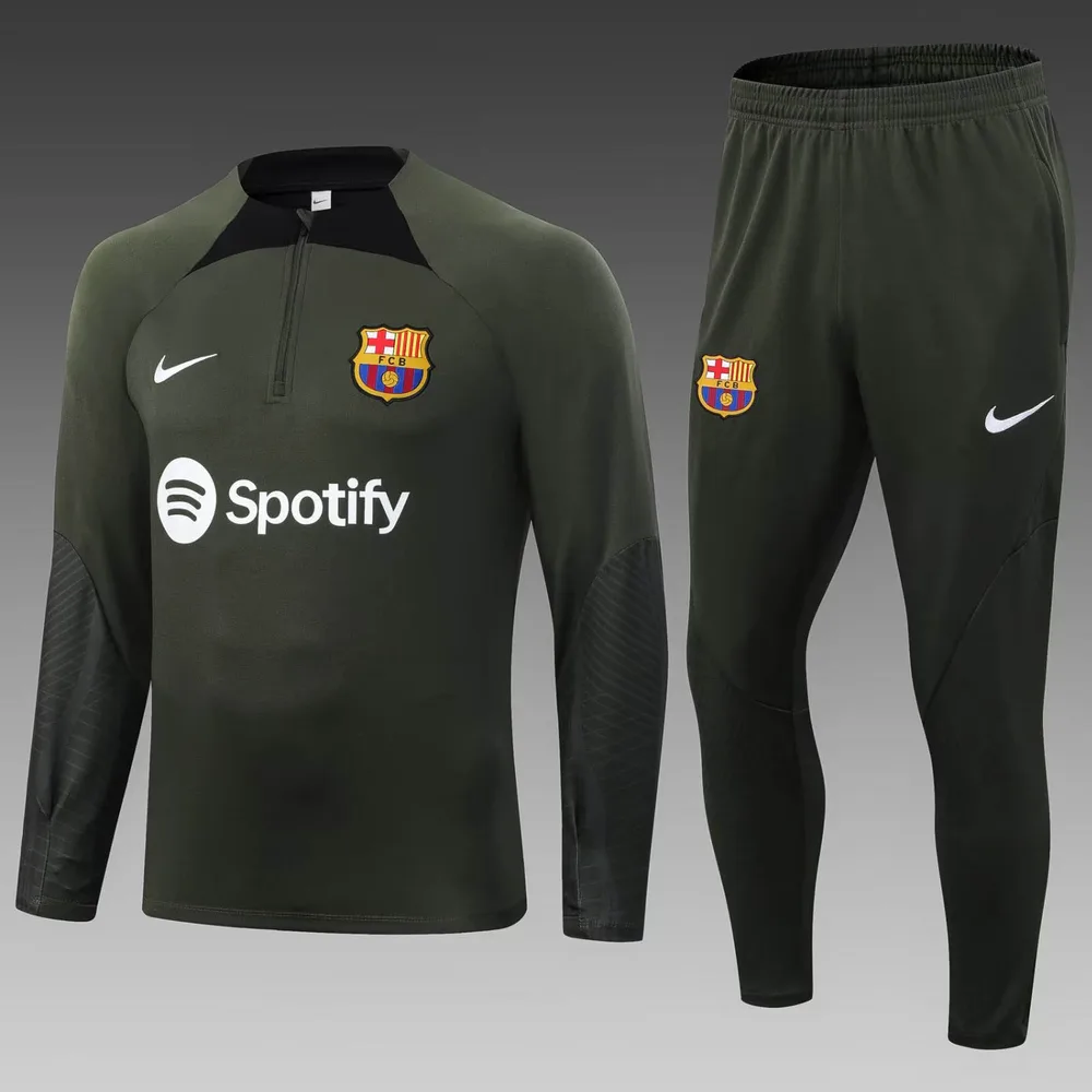 2023/2024 Barcelone Survêtement d'Entraînement à Demi-Tiré Vert Armée Maillot Ensemble — main view