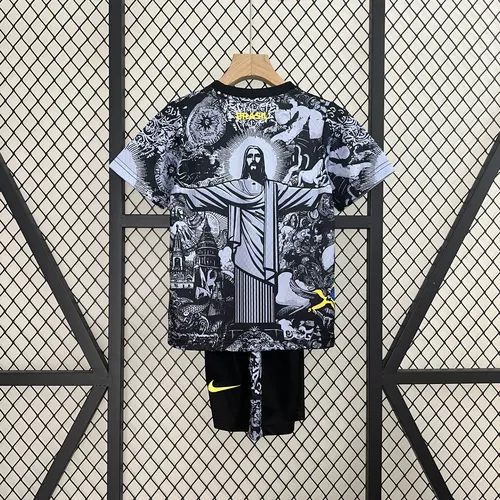 2024 Brazil Special Edition Jesus Black Gray Soccer Jersey Kids Size