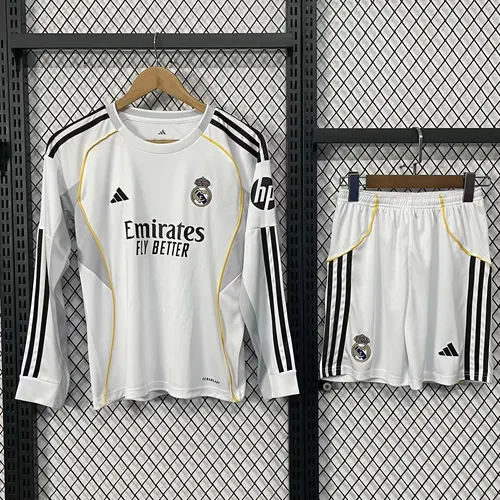 Maillot Football Domicile Real Madrid Manches Longues 2025/2026 Qualité Thaï Taille Enfant