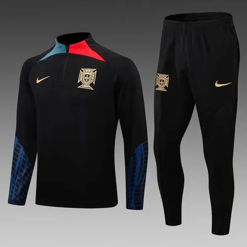 Ensemble de survêtement demi-traction Portugal 2022 Noir Maillot de football — view 1