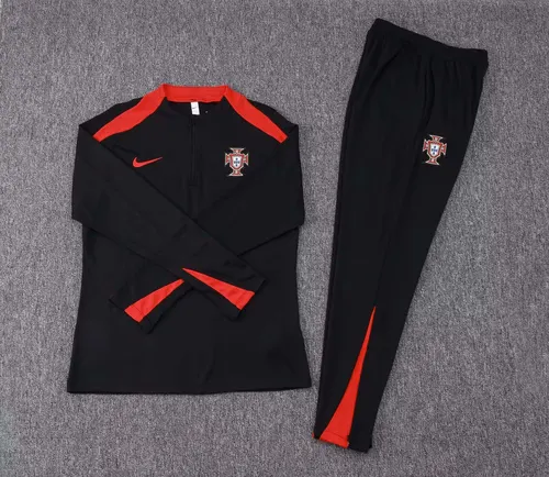 2024 Portugal Halb-Reißverschluss Trainingsanzug Schwarz Fußballtrikot Set — view 3