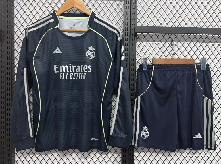 2025/2026 Long Sleeves Real Madrid Away Football Jersey AAA fan-grade Kids Size