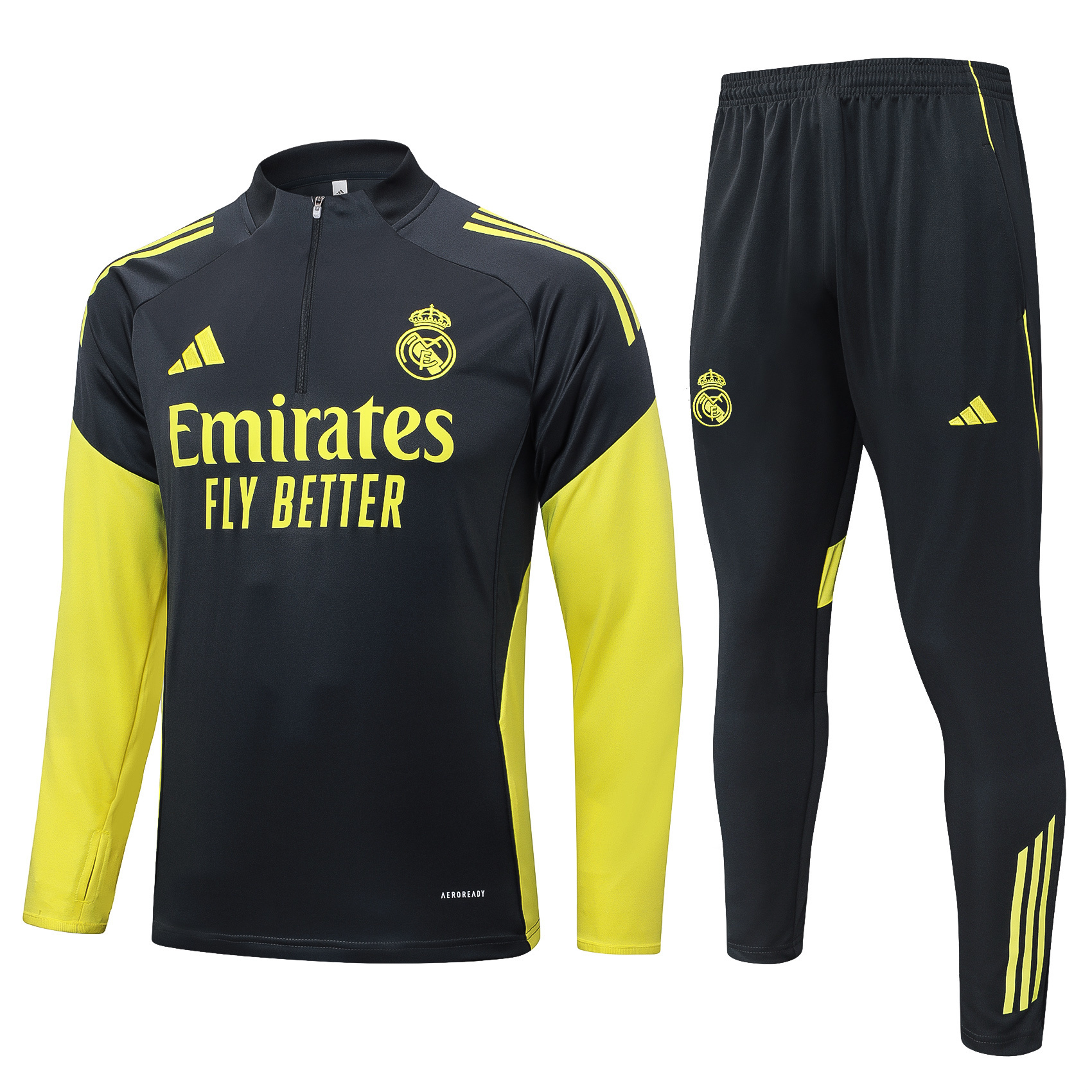 2025/2026 Real Madrid Dark gray with yellow sleeves Half-Pull Training Suit Football Shirt AAA fan-grade Set