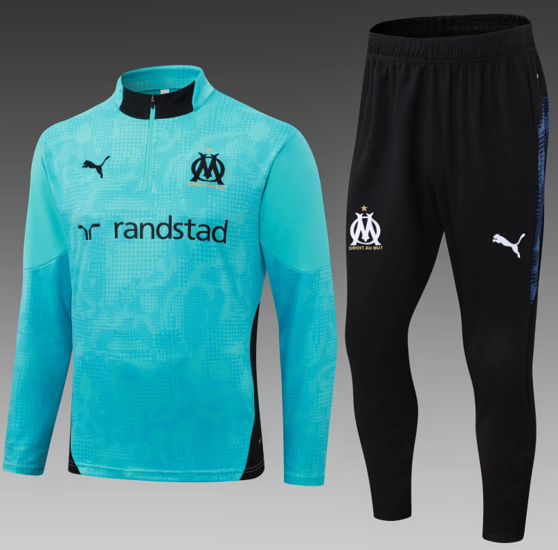 2025/2026 Olympique de Marseille Half-Pull Training Suit Light blue Football Jersey Set