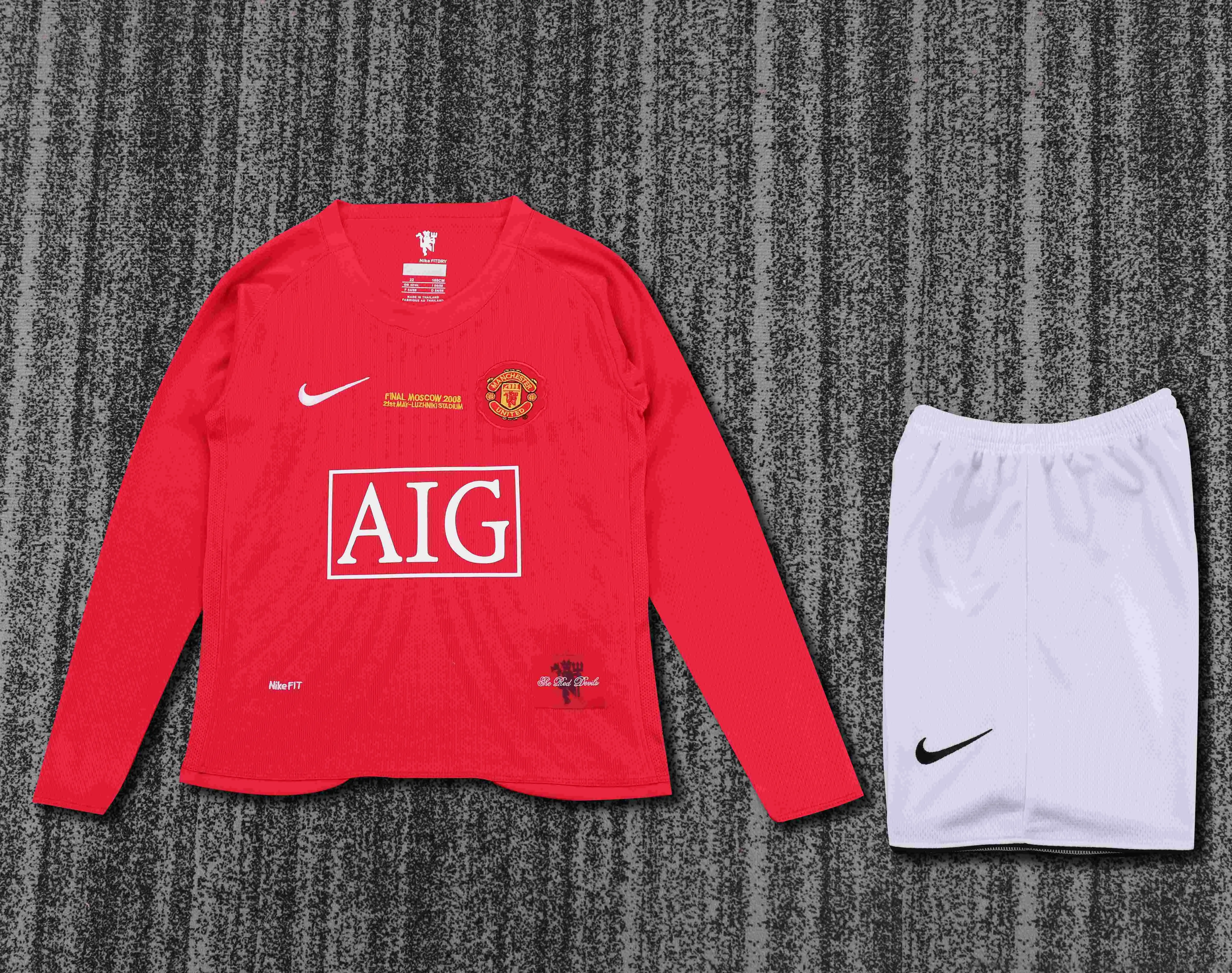 2007/2008 Retro Long Sleeve Manchester United Home Champions League Edition Football Shirt AAA fan-grade Kids Size