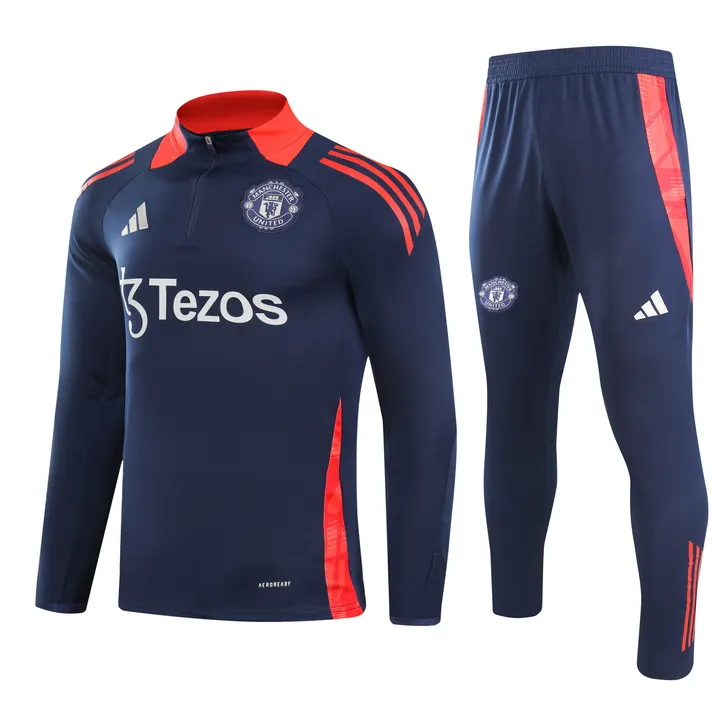 2024/2025 Manchester United Half-Pull Training Suit Royal blue red collar Football Shirt AAA fan-grade Set