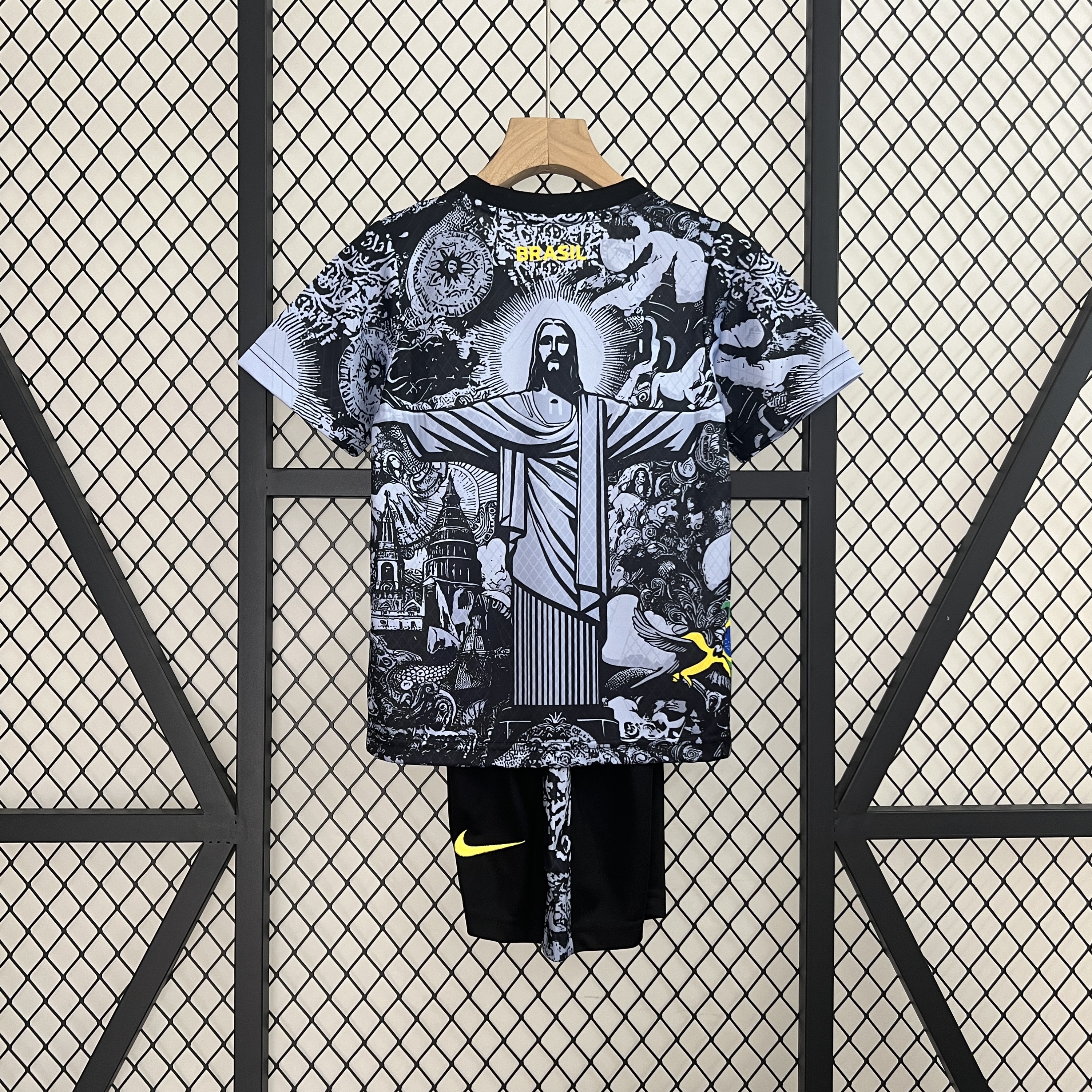 2024 Brazil Special Edition Jesus Black Gray Soccer Jersey Kids Size