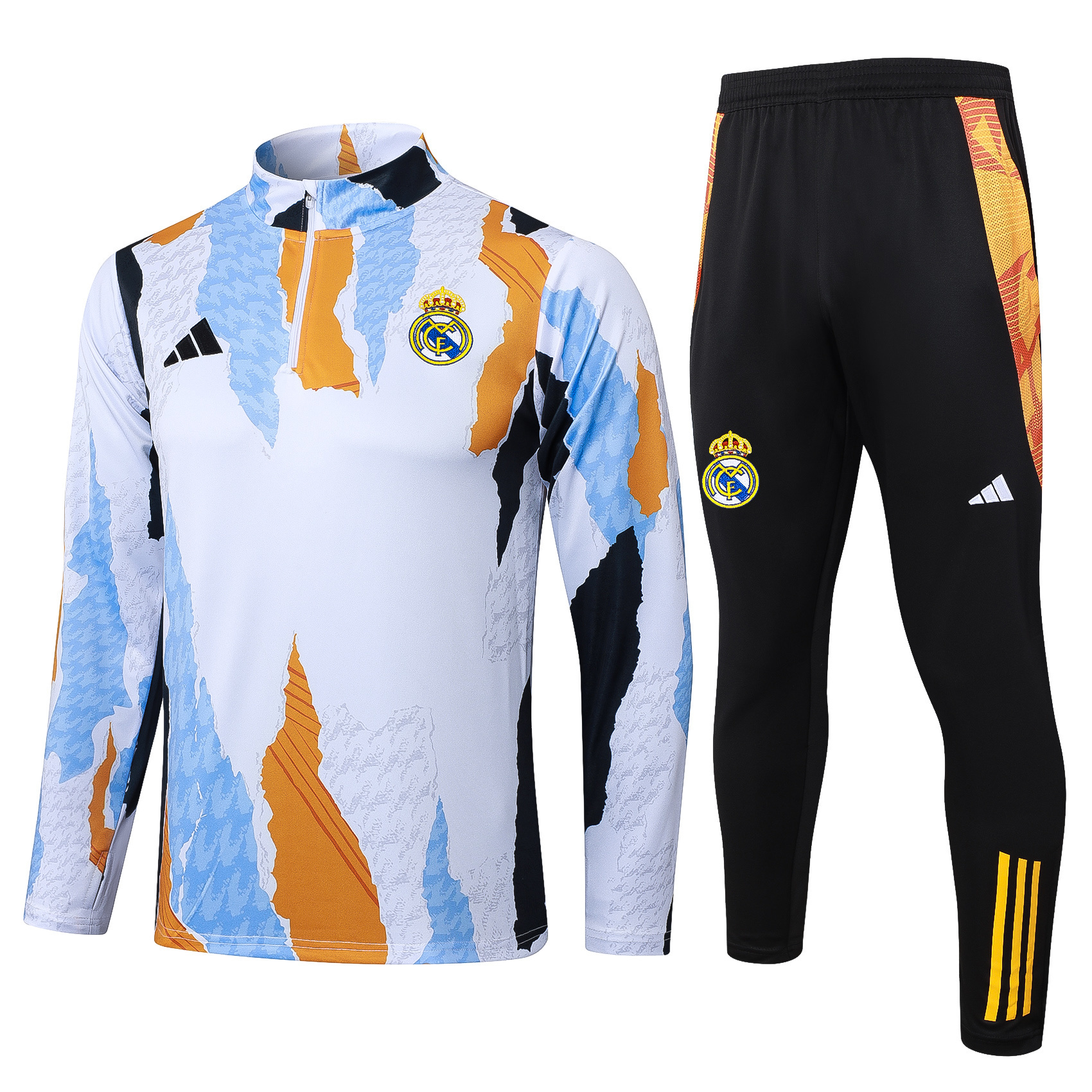 2025/2026 Real Madrid Blue, white and yellow inkjet printing Half-Pull Training Suit Football Shirt AAA fan-grade Set