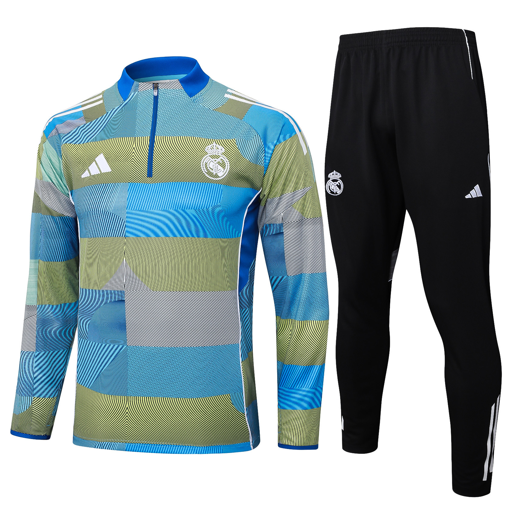 2025/2026 Real Madrid Blue-green striped inkjet Half-Pull Training Suit Football Shirt AAA fan-grade Set
