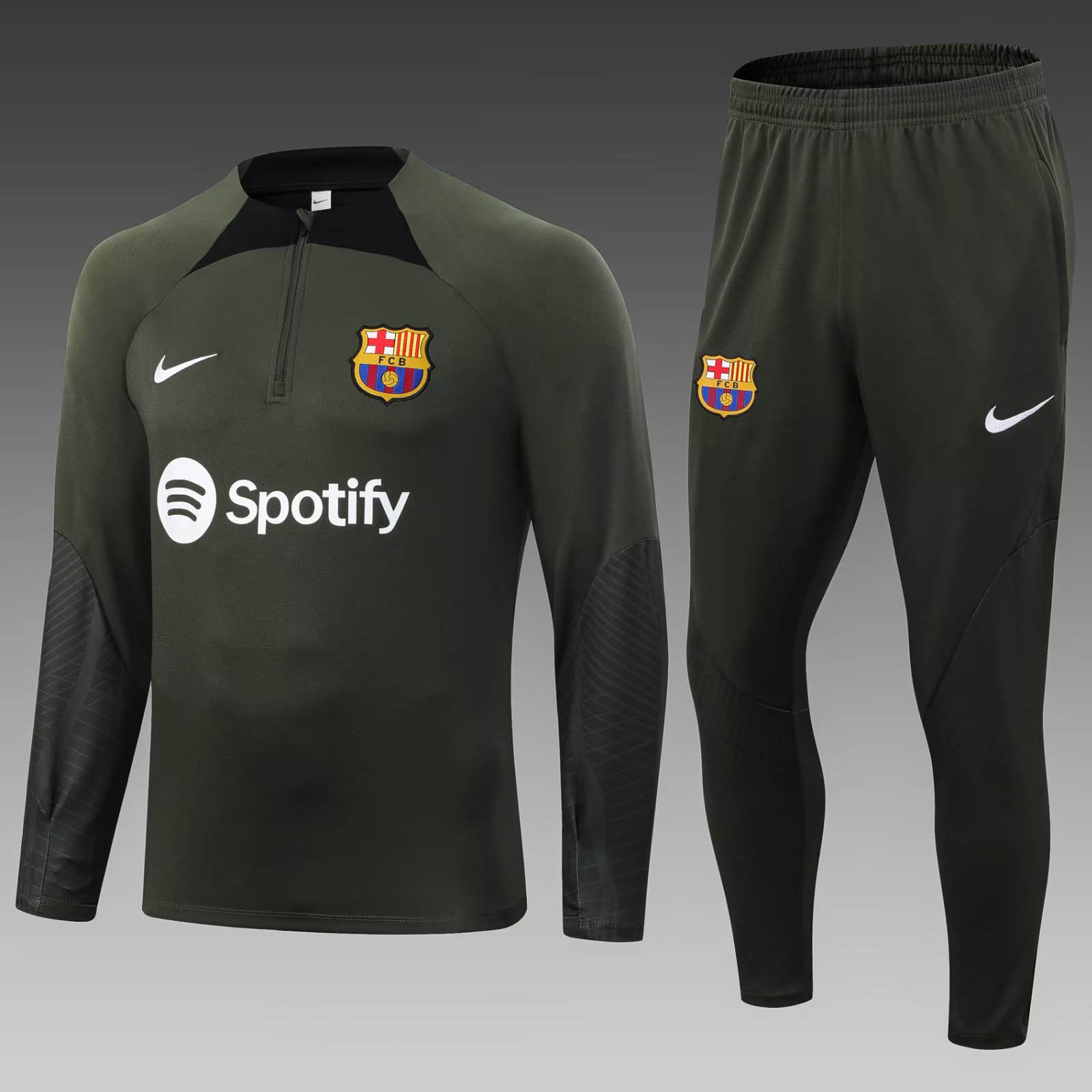 2023/2024 Barcelona Halb-Reißverschluss Trainingsanzug Armeegrün Trikot Set — main view